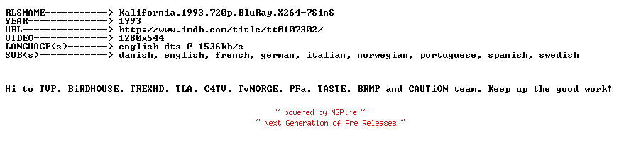 NFO for the release Kalifornia.1993.720p.BluRay.X264-7SinS by 7SinS