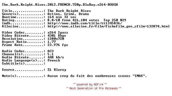 NFO for the release The.Dark.Knight.Rises.2012.FRENCH.720p.BluRay.x264-ROUGH by ROUGH