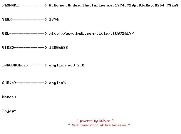 NFO for the release A.Woman.Under.The.Influence.1974.720p.BluRay.X264-7SinS by 7SinS