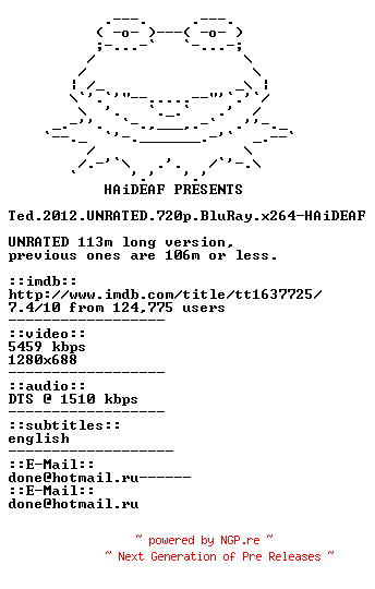 NFO for the release Ted.2012.UNRATED.720p.BluRay.x264-HAiDEAF by HAiDEAF