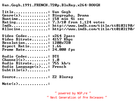 NFO for the release Van.Gogh.1991.FRENCH.720p.BluRay.x264-ROUGH by ROUGH