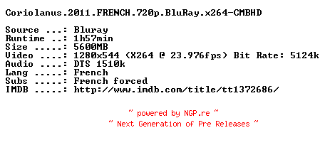 NFO for the release Coriolanus.2011.FRENCH.720p.BluRay.x264-CMBHD by CMBHD