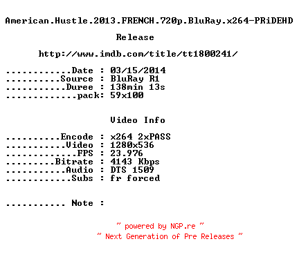 NFO for the release American.Hustle.2013.FRENCH.720p.BluRay.x264-PRiDEHD by PRiDEHD