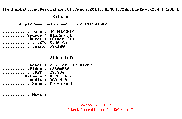 NFO for the release The.Hobbit.The.Desolation.Of.Smaug.2013.FRENCH.720p.BluRay.x264-PRiDEHD by PRiDEHD
