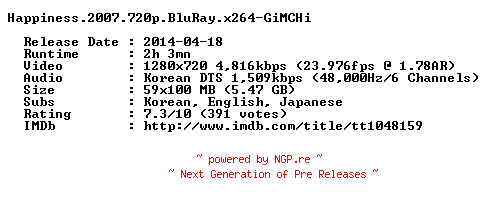 NFO for the release Happiness.2007.720p.BluRay.x264-GiMCHi by GiMCHi