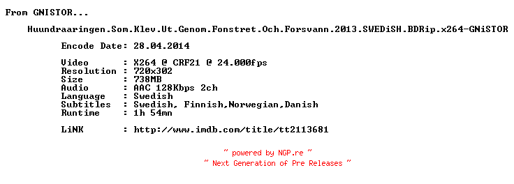 NFO for the release Huundraaringen.Som.Klev.Ut.Genom.Fonstret.Och.Forsvann.2013.SWEDiSH.720p.BluRay.x264-GNiSTOR by GNiSTOR