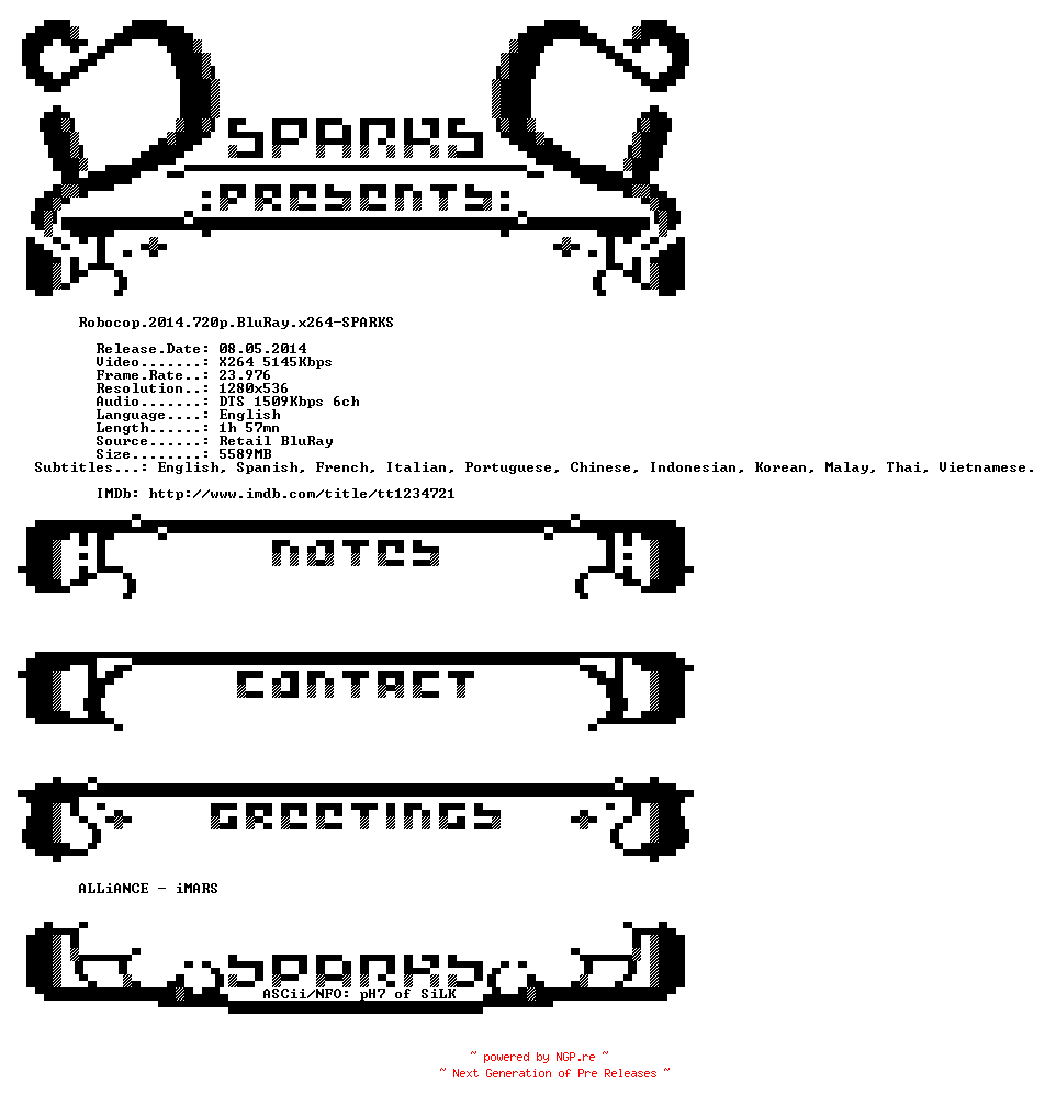 NFO for the release Robocop.2014.720p.BluRay.x264-SPARKS by SPARKS