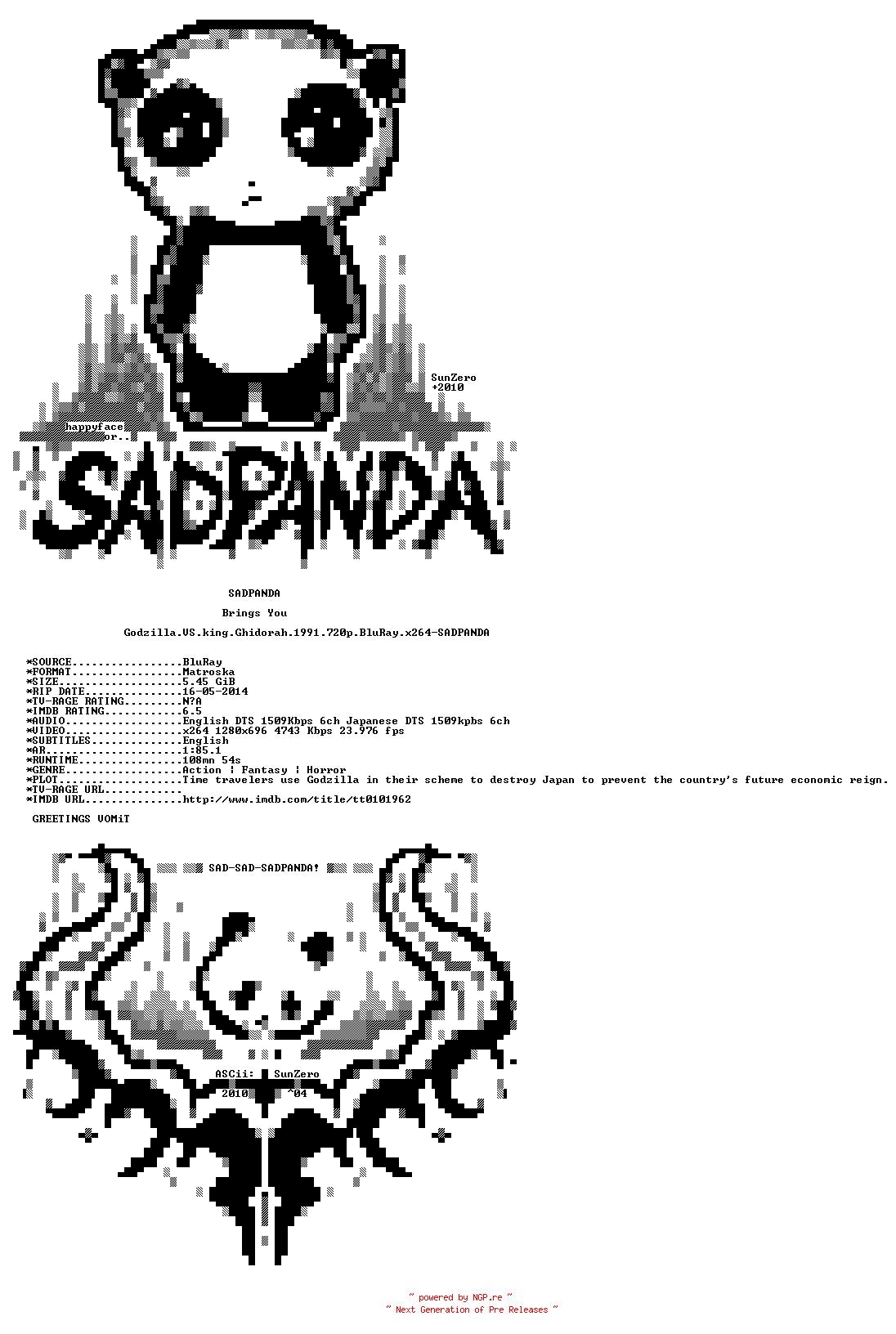 NFO for the release Godzilla.VS.King.Ghidorah.1991.720p.BluRay.x264-SADPANDA by SADPANDA