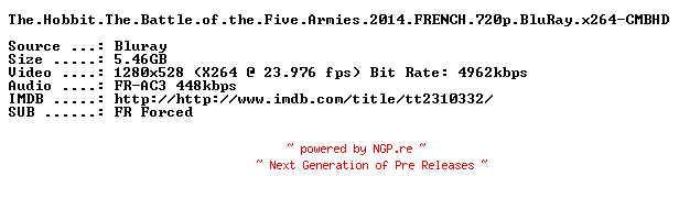 NFO for the release The.Hobbit.The.Battle.of.the.Five.Armies.2014.FRENCH.720p.BluRay.x264-CMBHD by CMBHD