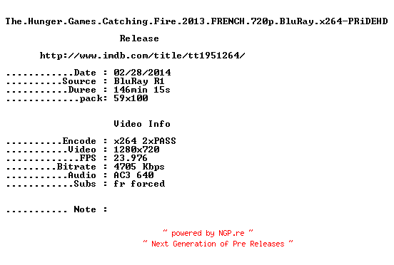 NFO for the release The.Hunger.Games.Catching.Fire.2013.FRENCH.720p.BluRay.x264-PRiDEHD by PRiDEHD