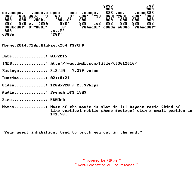 NFO for the release Mommy.2014.720p.BluRay.x264-PSYCHD by PSYCHD