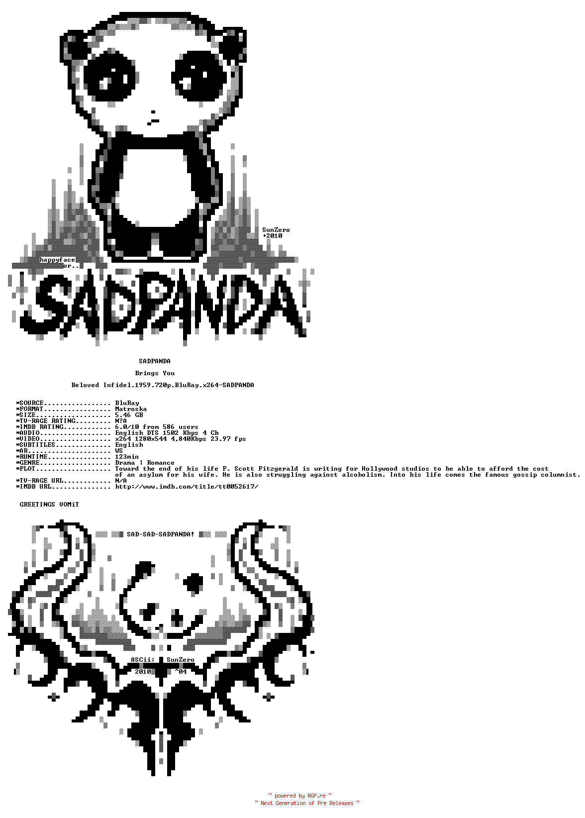 NFO for the release Beloved.Infidel.1959.720p.BluRay.x264-SADPANDA by SADPANDA