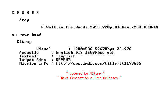 NFO for the release A.Walk.in.the.Woods.2015.720p.BluRay.x264-DRONES by DRONES