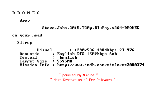 NFO for the release Steve.Jobs.2015.720p.BluRay.x264-DRONES by DRONES