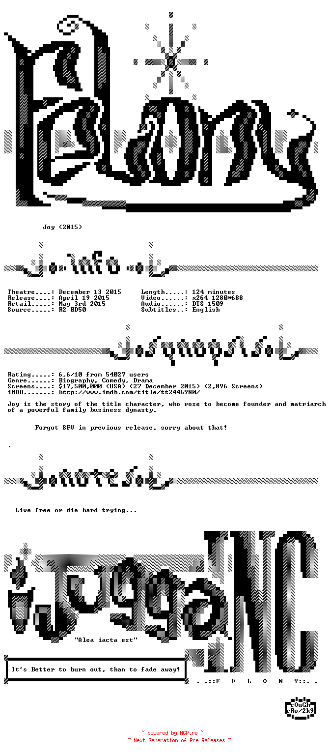NFO for the release Joy.2015.REPACK.720p.BluRay.x264-Felony by Felony