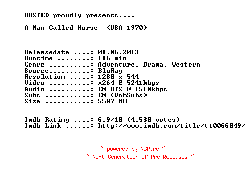 NFO for the release A.Man.Called.Horse.1970.720p.BluRay.x264-RUSTED by RUSTED