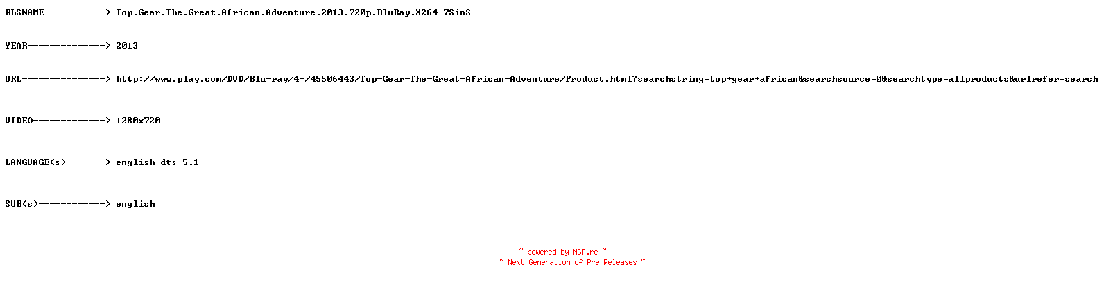 NFO for the release Top.Gear.The.Great.African.Adventure.2013.720p.BluRay.X264-7SinS by 7SinS