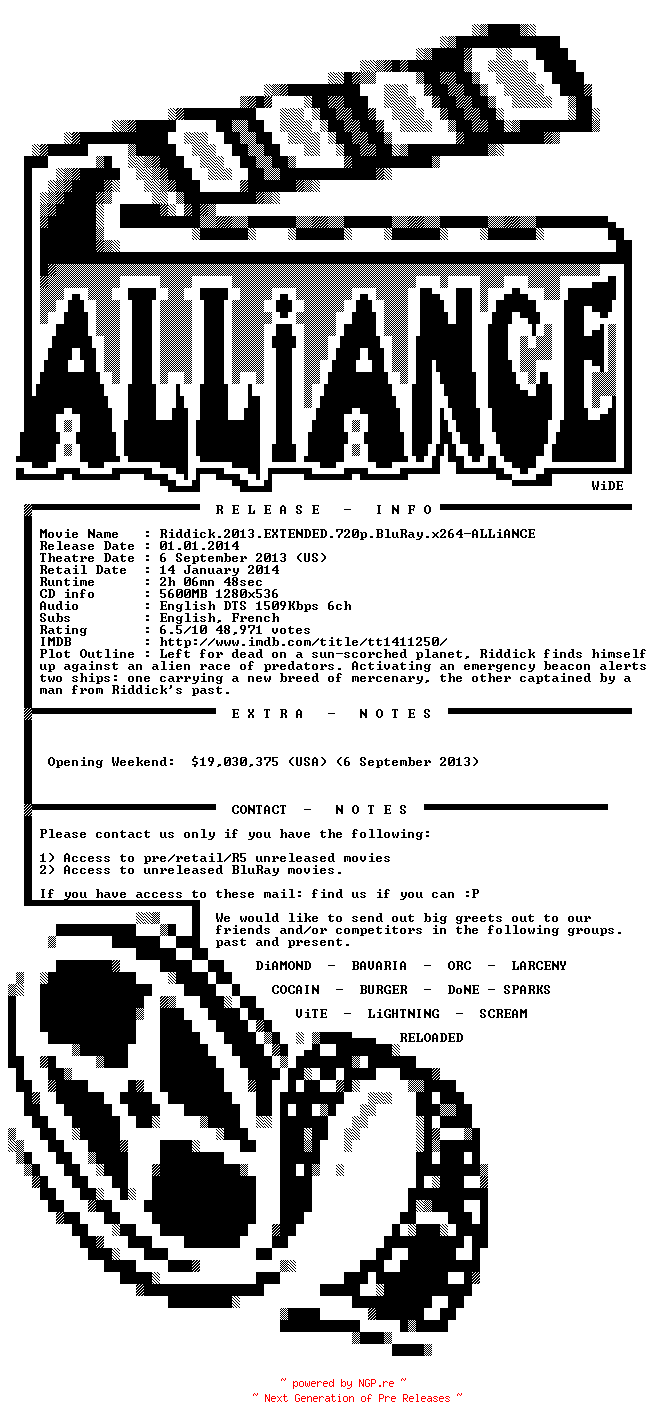NFO for the release Riddick.2013.EXTENDED.720p.BluRay.x264-ALLiANCE by ALLiANCE