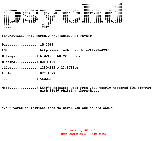 NFO for the release The.Mexican.2001.PROPER.720p.BluRay.x264-PSYCHD by PSYCHD