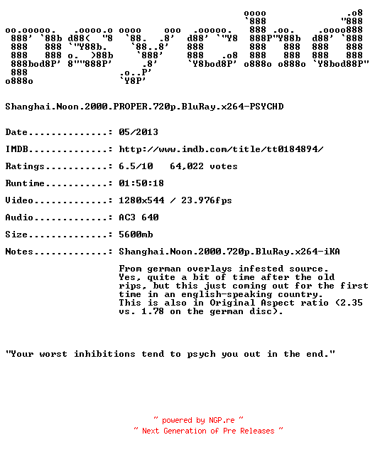 NFO for the release Shanghai.Noon.2000.PROPER.720p.BluRay.x264-PSYCHD by PSYCHD