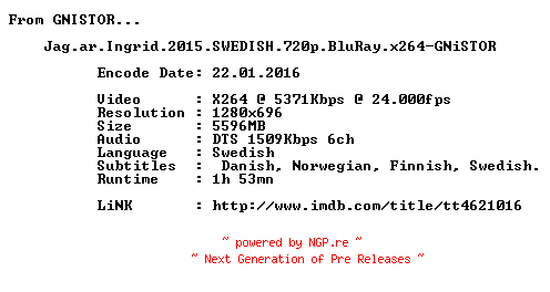 NFO for the release Jag.ar.Ingrid.2015.SWEDISH.720p.BluRay.x264-GNiSTOR by GNiSTOR