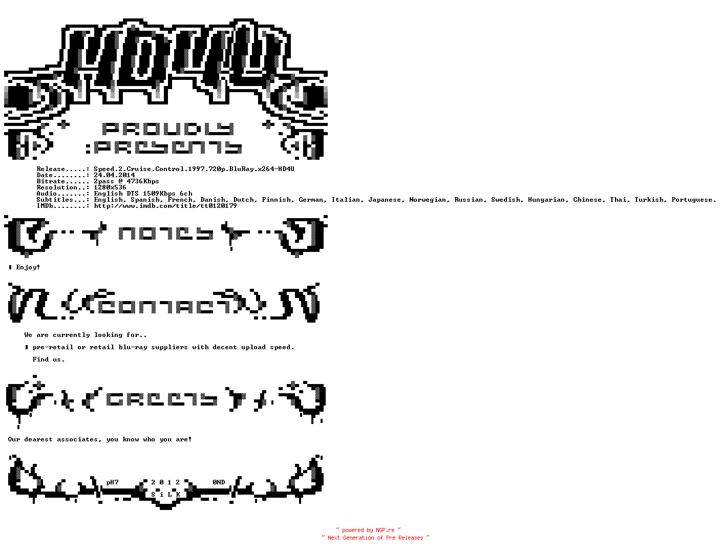 NFO for the release Speed.2.Cruise.Control.1997.720p.BluRay.x264-HD4U by HD4U