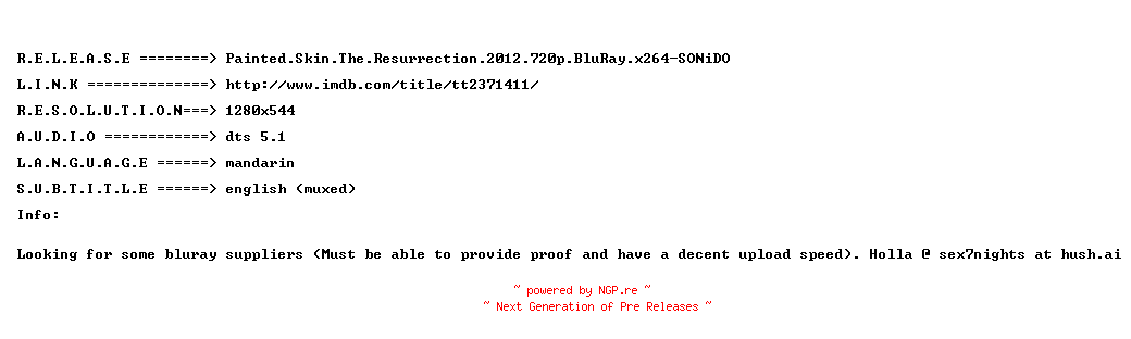 NFO for the release Painted.Skin.The.Resurrection.2012.720p.BluRay.x264-SONiDO by SONiDO