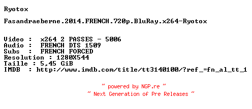 NFO for the release Fasandraeberne.2014.FRENCH.720p.BluRay.x264-Ryotox by Ryotox