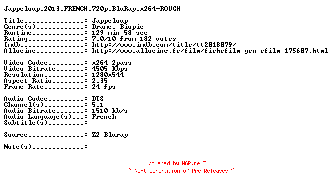 NFO for the release Jappeloup.2013.FRENCH.720p.BluRay.x264-ROUGH by ROUGH