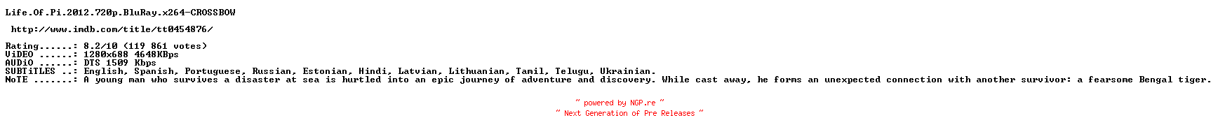 NFO for the release Life.Of.Pi.2012.720p.BluRay.x264-CROSSBOW by CROSSBOW