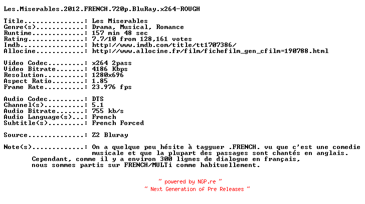 NFO for the release Les.Miserables.2012.FRENCH.720p.BluRay.x264-ROUGH by ROUGH
