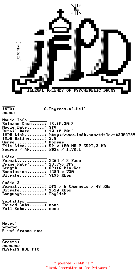 NFO for the release 6.Degrees.of.Hell.2012.720p.BluRay.x264.REPACK-iFPD by iFPD