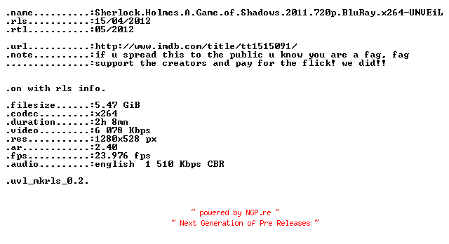 NFO for the release Sherlock.Holmes.A.Game.of.Shadows.2011.720p.BluRay.x264-UNVEiL by UNVEiL