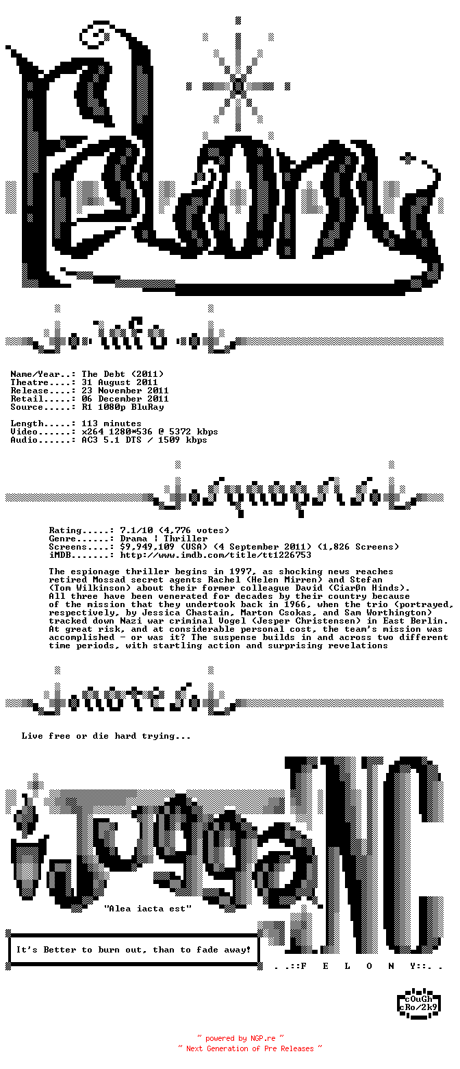 NFO for the release The.Debt.2011.720p.BluRay.x264-Felony by Felony