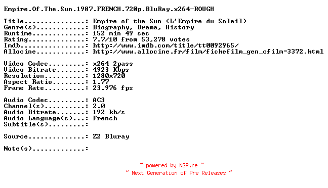 NFO for the release Empire.Of.The.Sun.1987.FRENCH.720p.BluRay.x264-ROUGH by ROUGH