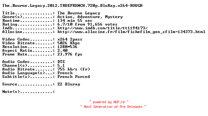 NFO for the release The.Bourne.Legacy.2012.TRUEFRENCH.720p.BluRay.x264-ROUGH by ROUGH