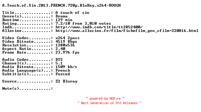 NFO for the release A.Touch.of.Sin.2013.FRENCH.720p.BluRay.x264-ROUGH by ROUGH