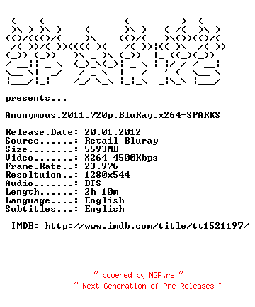 NFO for the release Anonymous.2011.720p.BluRay.x264-SPARKS by SPARKS