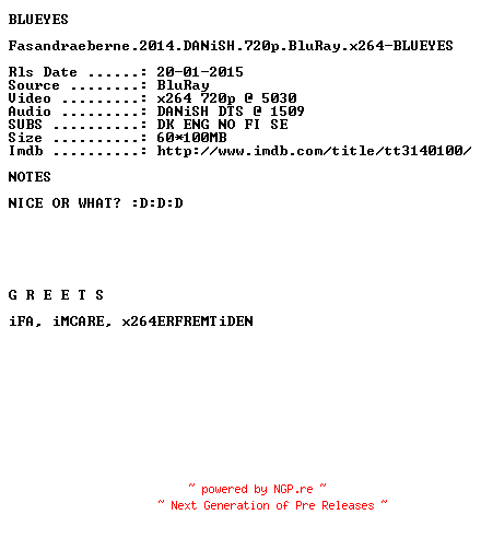 NFO for the release Fasandraeberne.2014.DANiSH.720p.BluRay.x264-BLUEYES by BLUEYES