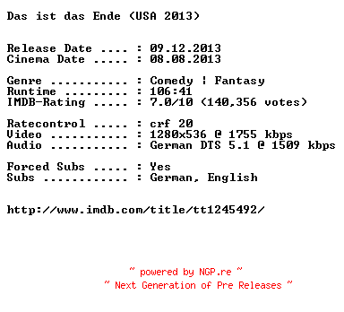 NFO for the release Das.ist.das.Ende.German.720p.BluRay.x264-EXQUiSiTE by EXQUiSiTE