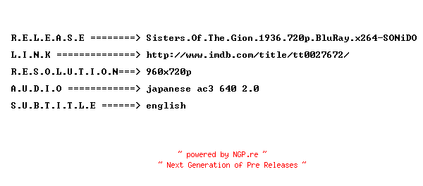 NFO for the release Sisters.Of.The.Gion.1936.720p.BluRay.x264-SONiDO by SONiDO