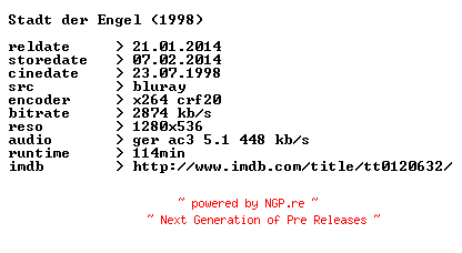 NFO for the release Stadt.der.Engel.1998.German.720p.BluRay.x264-CONTRiBUTiON by CONTRiBUTiON