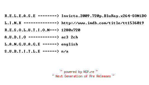NFO for the release Invicta.2009.720p.BluRay.x264-SONiDO by SONiDO