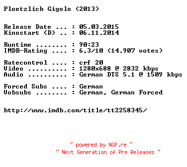 NFO for the release Ploetzlich.Gigolo.German.720p.BluRay.x264-EXQUiSiTE by EXQUiSiTE