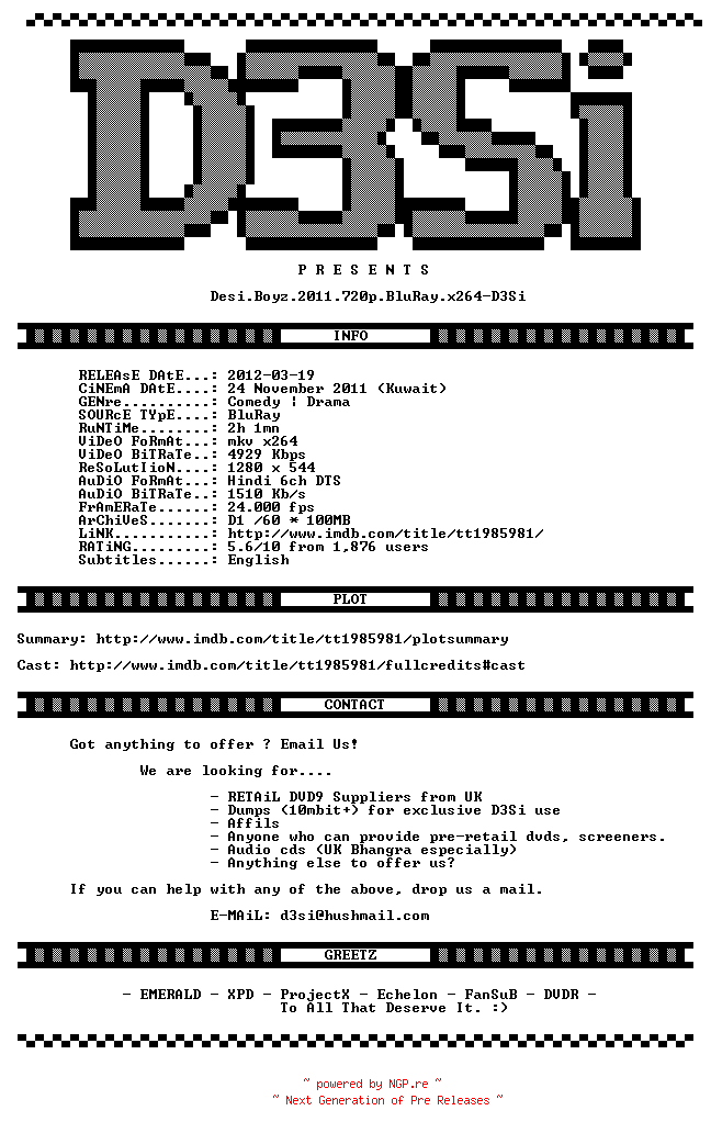 NFO for the release Desi.Boyz.2011.720p.BluRay.x264-D3Si by D3Si