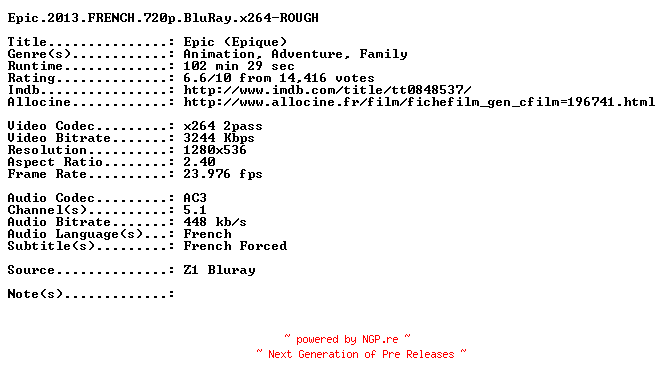 NFO for the release Epic.2013.FRENCH.720p.BluRay.x264-ROUGH by ROUGH