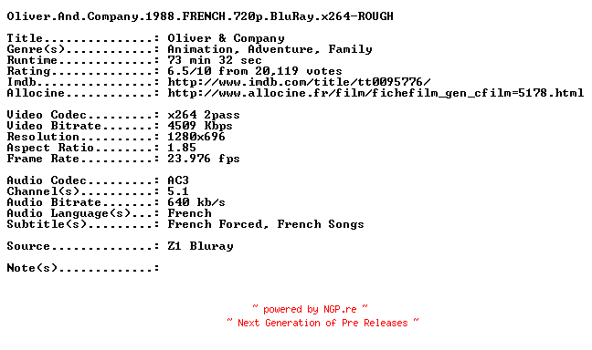 NFO for the release Oliver.And.Company.1988.FRENCH.720p.BluRay.x264-ROUGH by ROUGH