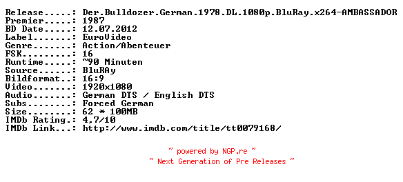 NFO for the release Der.Bulldozer.German.1978.DL.720p.BluRay.x264-AMBASSADOR by AMBASSADOR