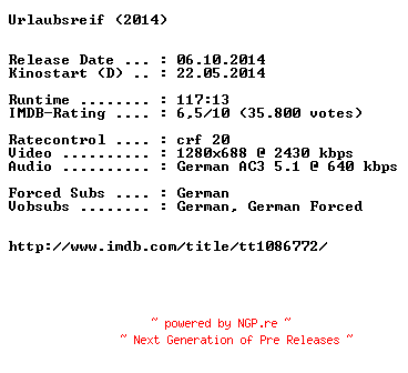 NFO for the release Urlaubsreif.German.720p.BluRay.x264-EXQUiSiTE by EXQUiSiTE