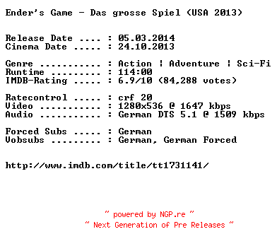 NFO for the release Enders.Game.Das.grosse.Spiel.German.720p.BluRay.x264-EXQUiSiTE by EXQUiSiTE
